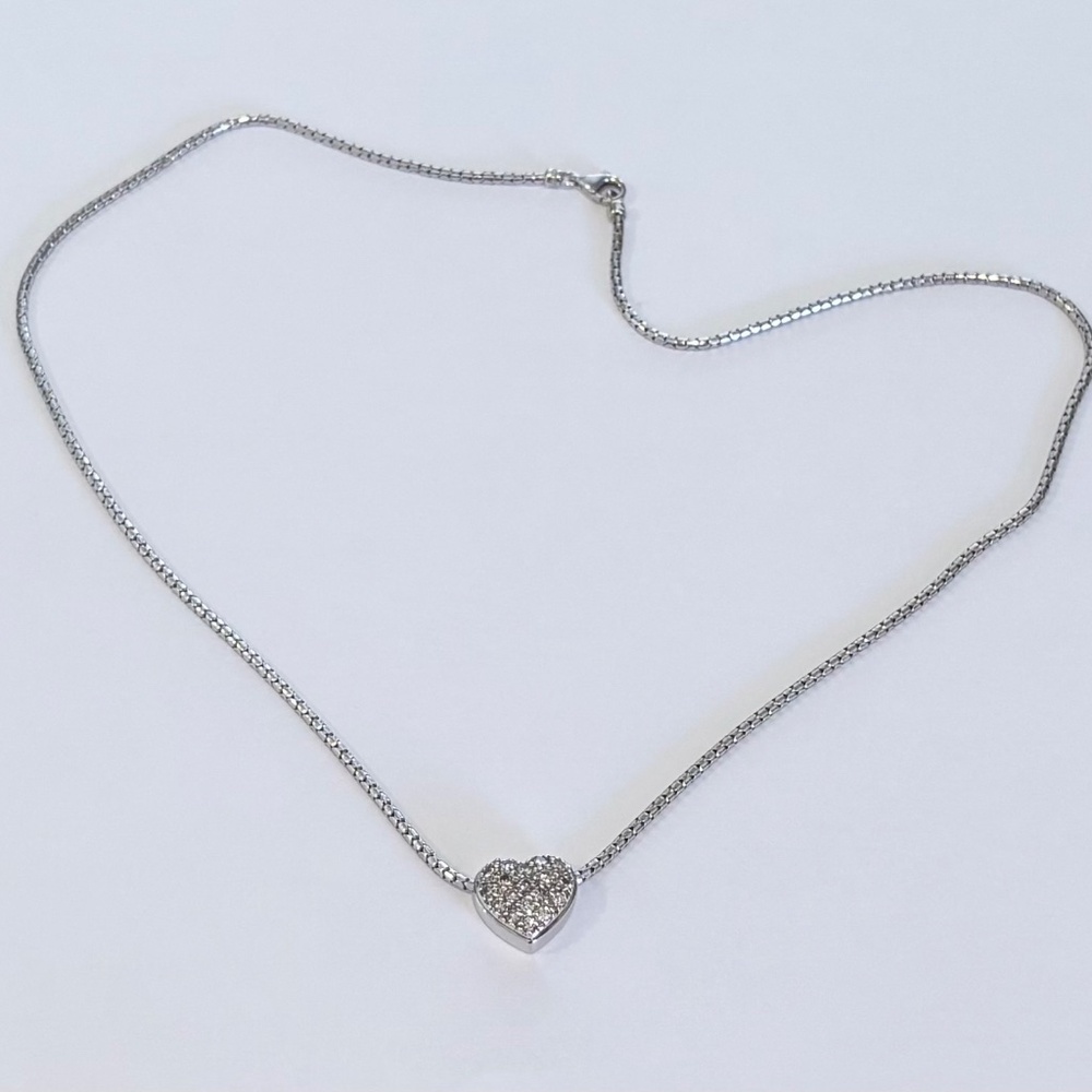 14k White Gold 1/2 CTW Pave Diamond Domed Heart Slide Pendant 17" Necklace